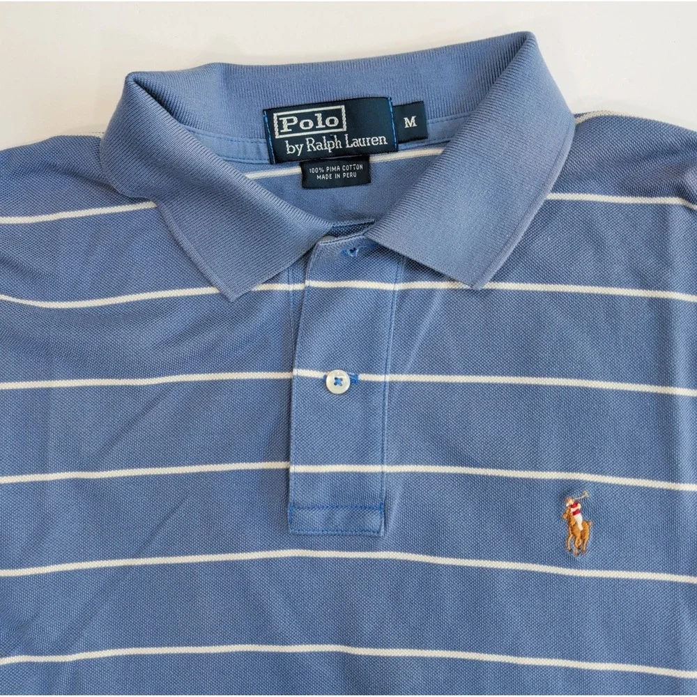 Vintage Y2K Ralph Lauren Polo Shirt Mens M Blue White Striped Pima Cotton Medium